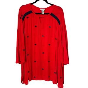 Catherines Top Womens Plus Size 2X Bell Sleeve Embroidered Lightweight Red Rayon